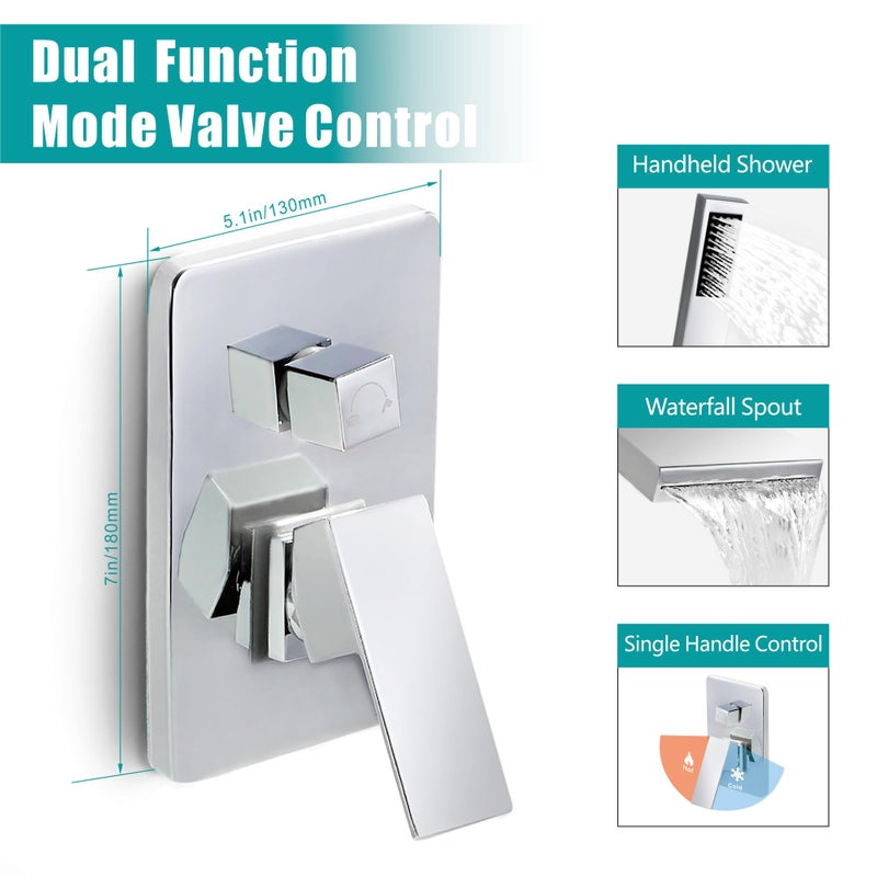 SKOWLL Polished Chrome Wall Mount Bathtub Faucet with Handheld Shower, Sinhle Handle LED Waterfall Bathroom Faucet, Rough in Valve - Image 2